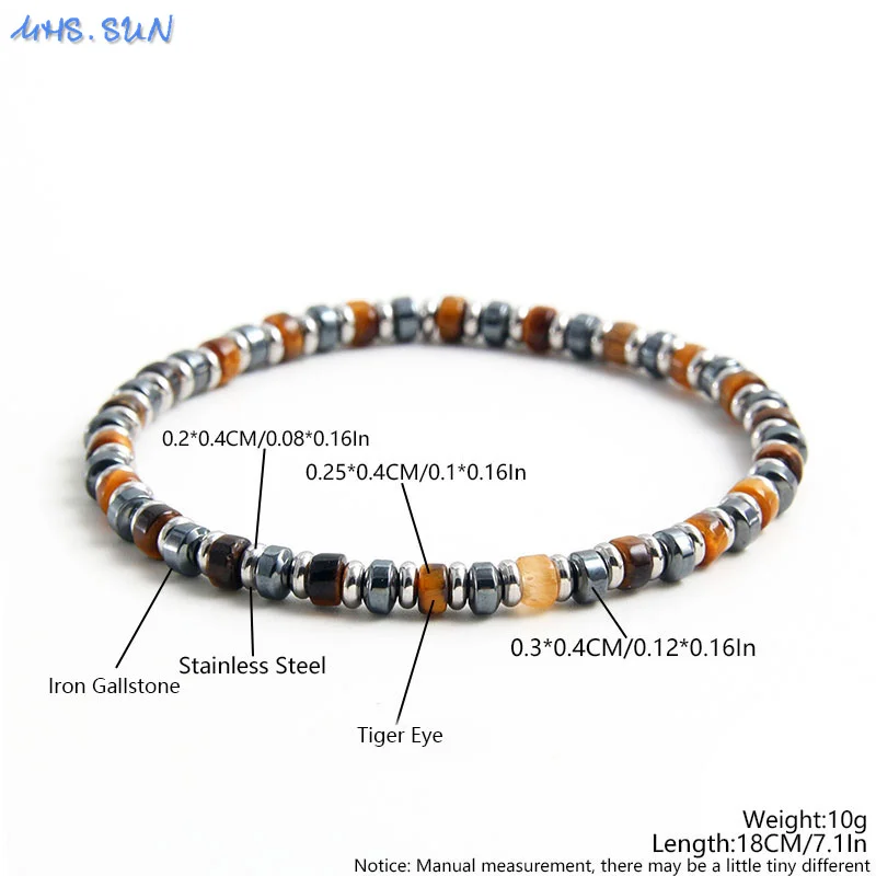 MHS.SUN 4*13MM Natural Stone Tiger Eye Cylindrical Loose Spacer Beads For Men Hematite Healing Protection Elastic Jewelry