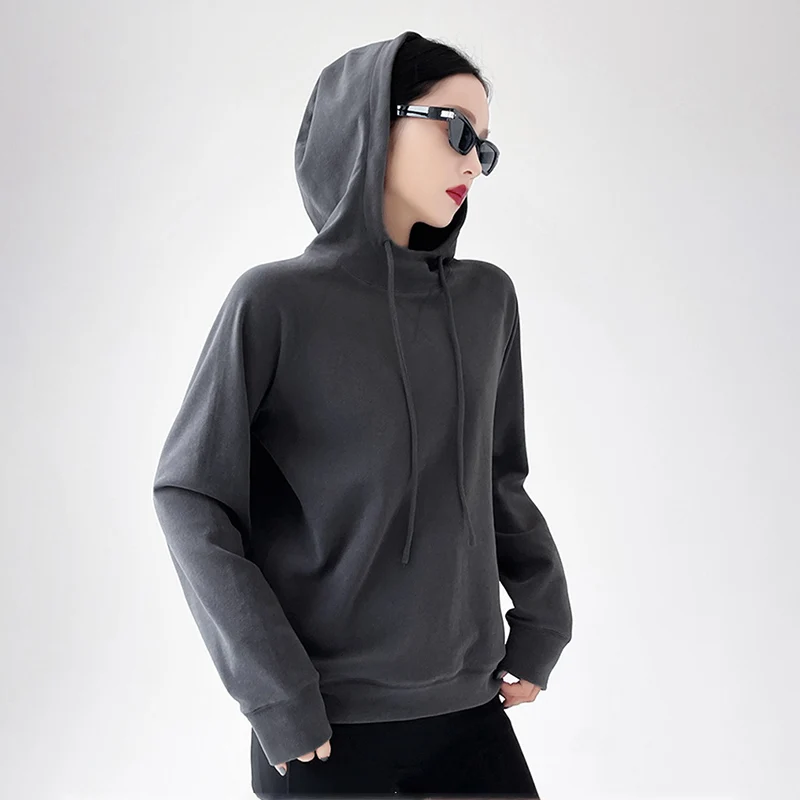 New American Street Drawstring Hooded Sweatshirt Women Autumn Fashion Loose All Match Pullover Solid Color Sporty Hoodies Woman