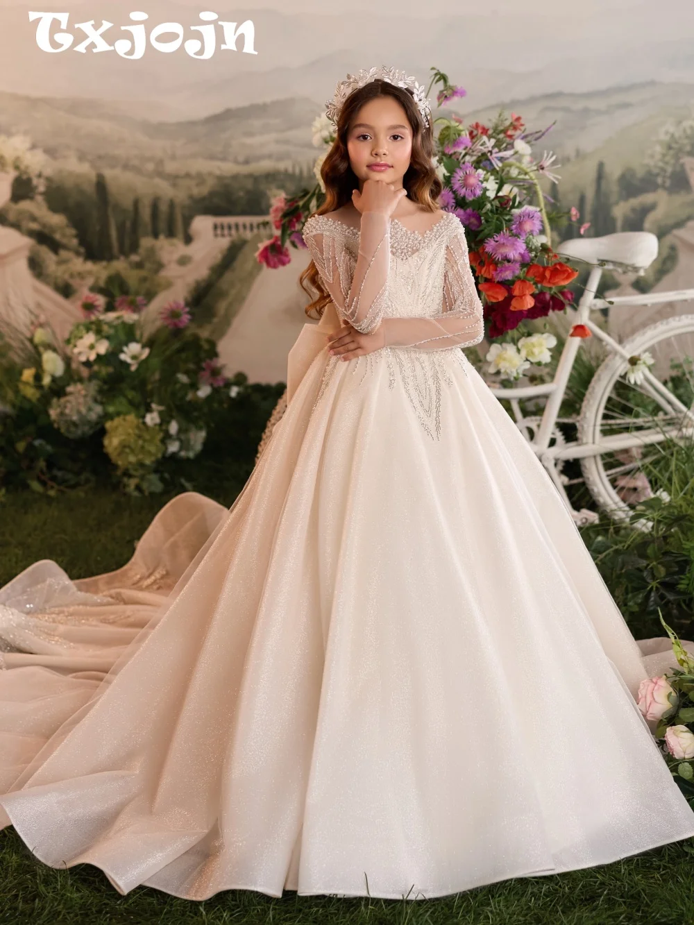 New Luxury Beaded Long Sleeve Flower Girls Dresses For Wedding Elegant Glitter Tulle Bow Kids Princess Gown Pageant Dress 3-14Y