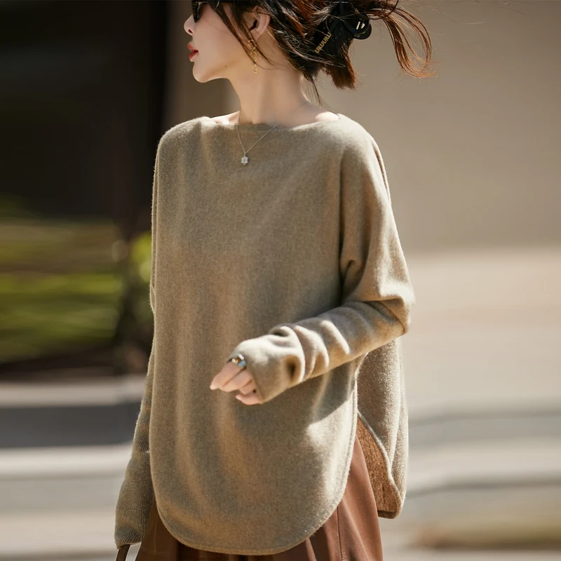 Women's Sweater 100% Pure Wool One Neck Knitted Pullover Fashion Korean Version Bat Sleeve Tops Loose Knit Sweater Autumn Winter