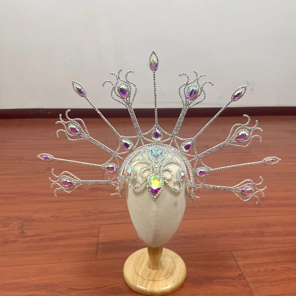 CUIER Huge Size Peacock Rhinestone Headpiece Hair Jewelry for Women Crystal Hat Accessories for Fashion Show