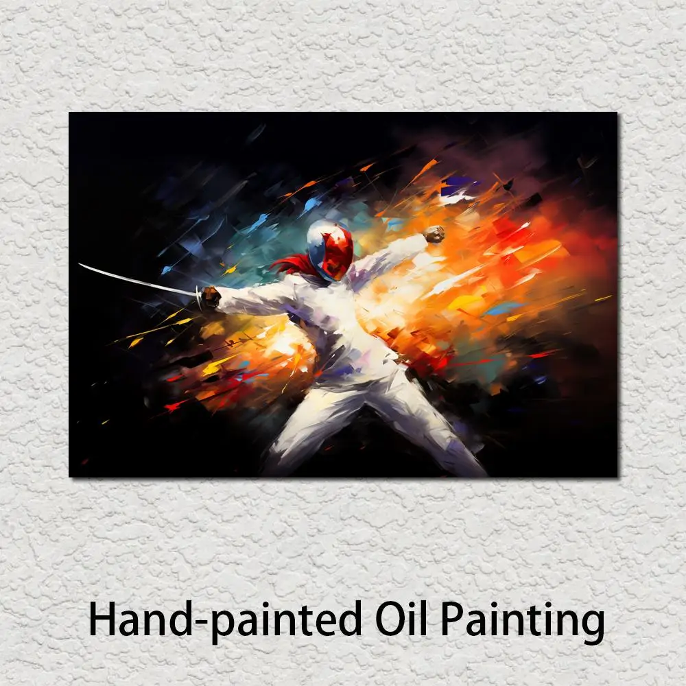 Sports Canvas Art Oil Painting Handmade Female Fencing Colorful Textured Contemporary Artwork Office Club Decor Large Gift