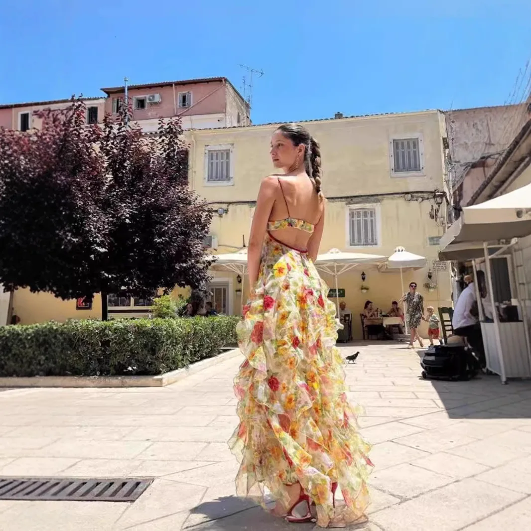 Summer New 2025 Women Sexy V Neck Backless Flower Chiffon Maxi Gowns Dress Split Celebrity Cut Out Beach Maxi Dress