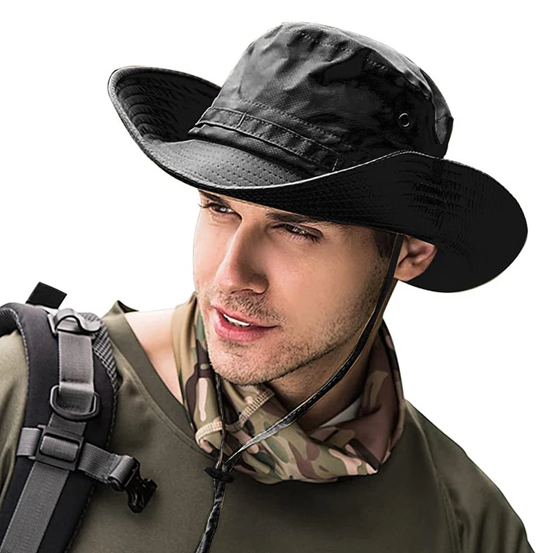Unisex-Sonnenhut für Outdoor-Angeln, Wandern, Jagd, UV-Schutz, atmungsaktiv, faltbar, verstellbarer Kinnriemen, breite Krempe, Boonie-Hut