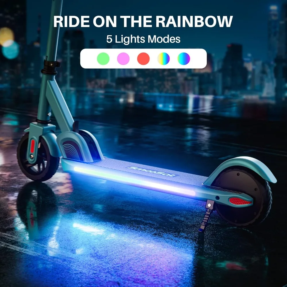 PRO Electric Scooter for Kids Ages 8+, Colorful Rainbow Lights, 5/8/10 MPH, 60 min Ride Time, LED Display, Adjustable Height