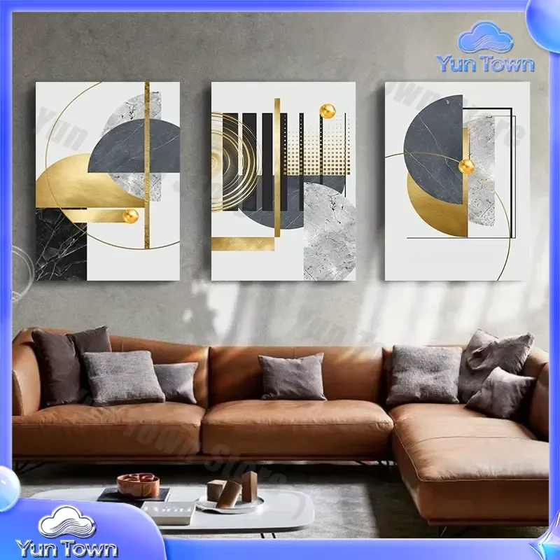 3 Piece Framed Abstract Geometric Canvas Wall Art for Modern Minimalist Home Decor Gray Black Gold Foil Print Large Size Wall