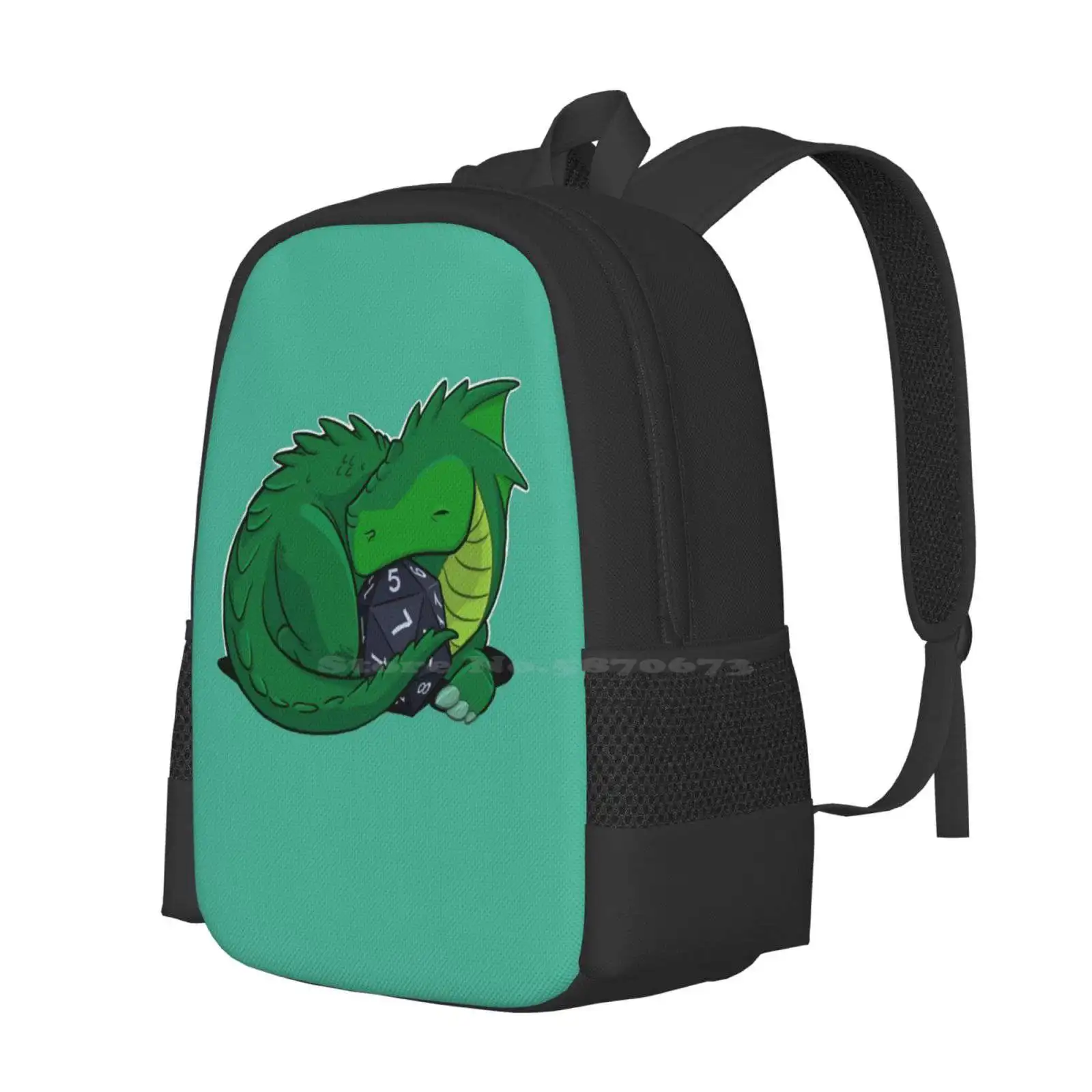 D20 Green Dragon Backpack For Student School Laptop Travel Bag Baby Dragon Campaign Cartoon Cute Comics Creature D20 Dice Dnd