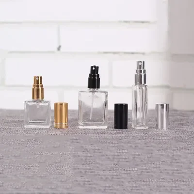 10 ml 5 ml transparente quadratische Glasspray-Parfümflasche, nachfüllbar, leere Flasche, dicker Boden, Gold, Silber, Schwarz, Automizer