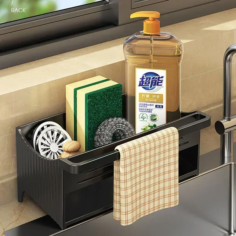 Kitchen Sink Rack with Self-draining Tray Sponge Rag Organizer Bathroom Cosmetic Holder Bathroom Shelf Kitchen Accessories Rack