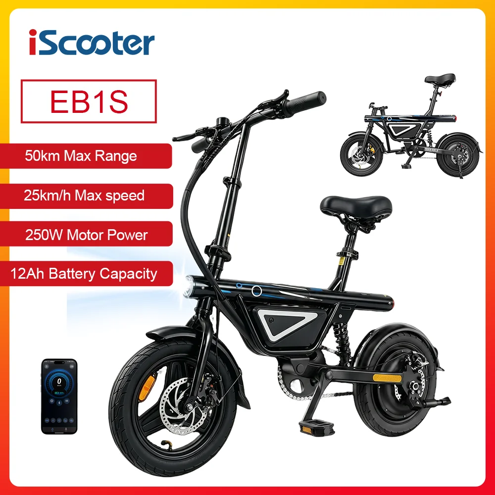 iScooter 14" EB1S Rower Elektryczny 250W Silnik 12AH Bateria 25km/h Szybki Rower Elektryczny Miejski z Oponami Pompowanymi Bez Zaworów Składany Rower Elektryczny dla Dorosłych z Kontrolą przez