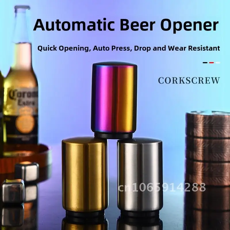 

Creative Stainless Steel Automatic Beer Bottle Opener Push-Type Wine Opener in Silver Gold Rose Gold Iridescent for Home Garden