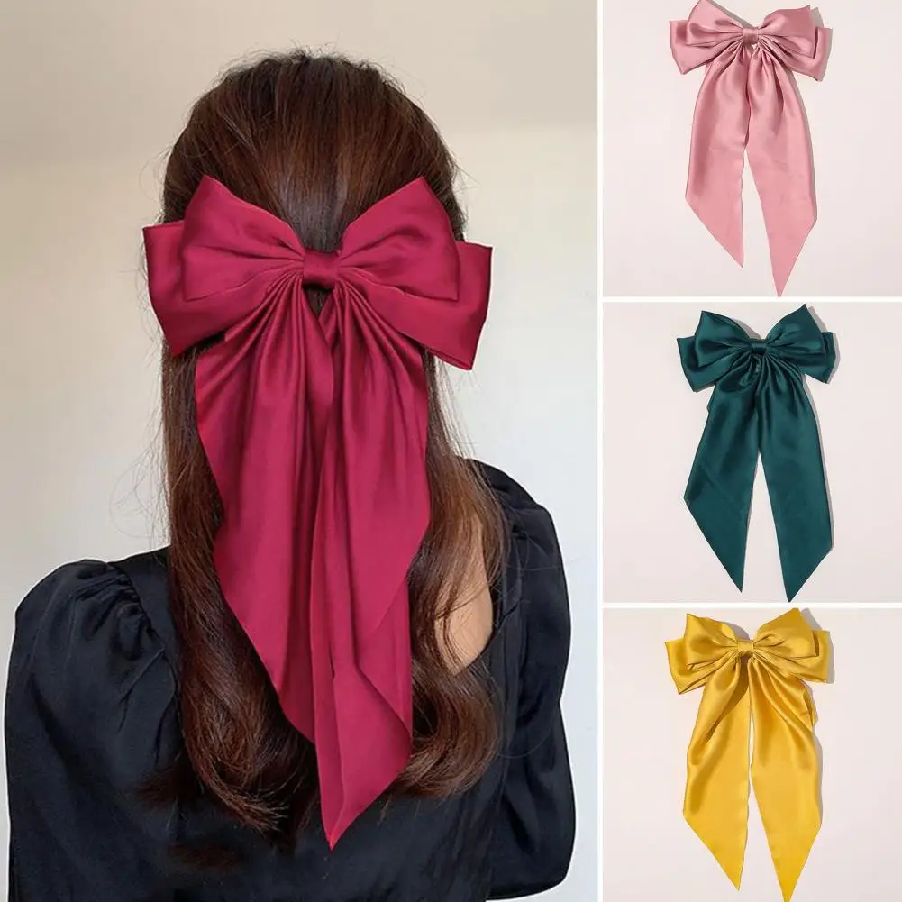 

Women Hairpin Big Bow-knot Elegant Double Layers Long Hair Decoration Ponytail Clip Satin Vintage Hair Clip Hair Accessories