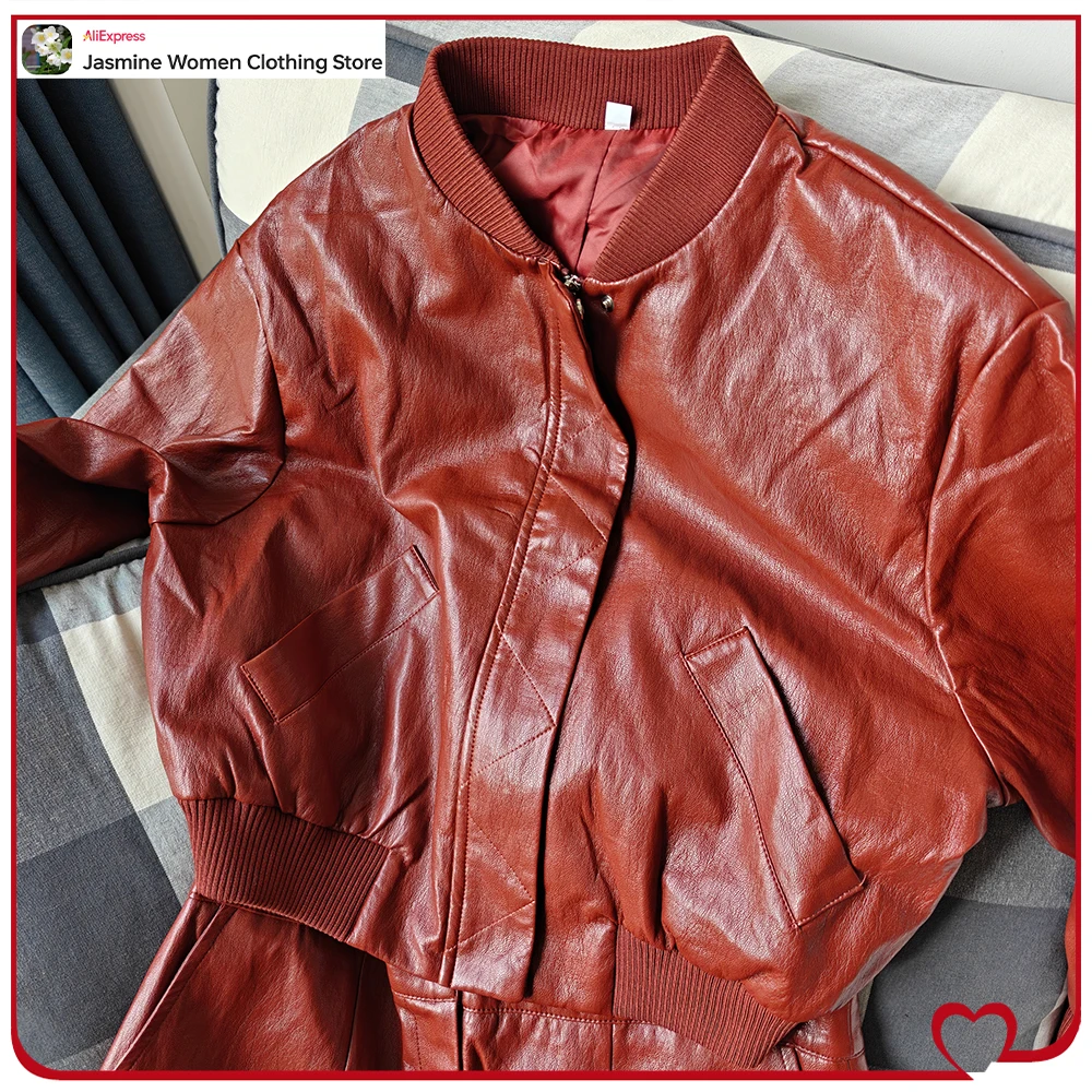 Stylish Women's Brick Faux Leather Short Sets Faux Leather Bomber Jacket with Sleeves Below The Elbow Matching Tonal Long Shorts - Image 3