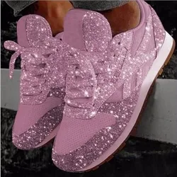 Plus Size Women Casual Glitter Shoes Mesh Flat Shoes Ladies Sequin Vulcanized Shoes Lace Up Sneakers Outdoor Sport Running Shoes