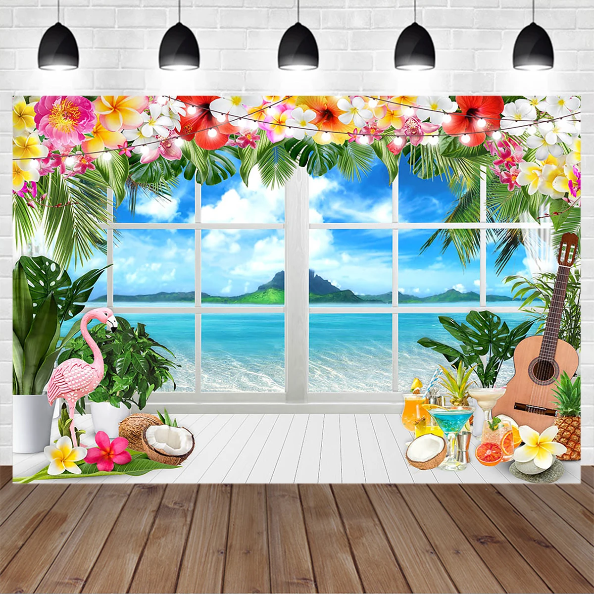 

Mocsicka Summer Havana Window Background Tropical Flamingo Palm Tree Sea Backdrop Photo Baby Birthday Weeding Decor Photography