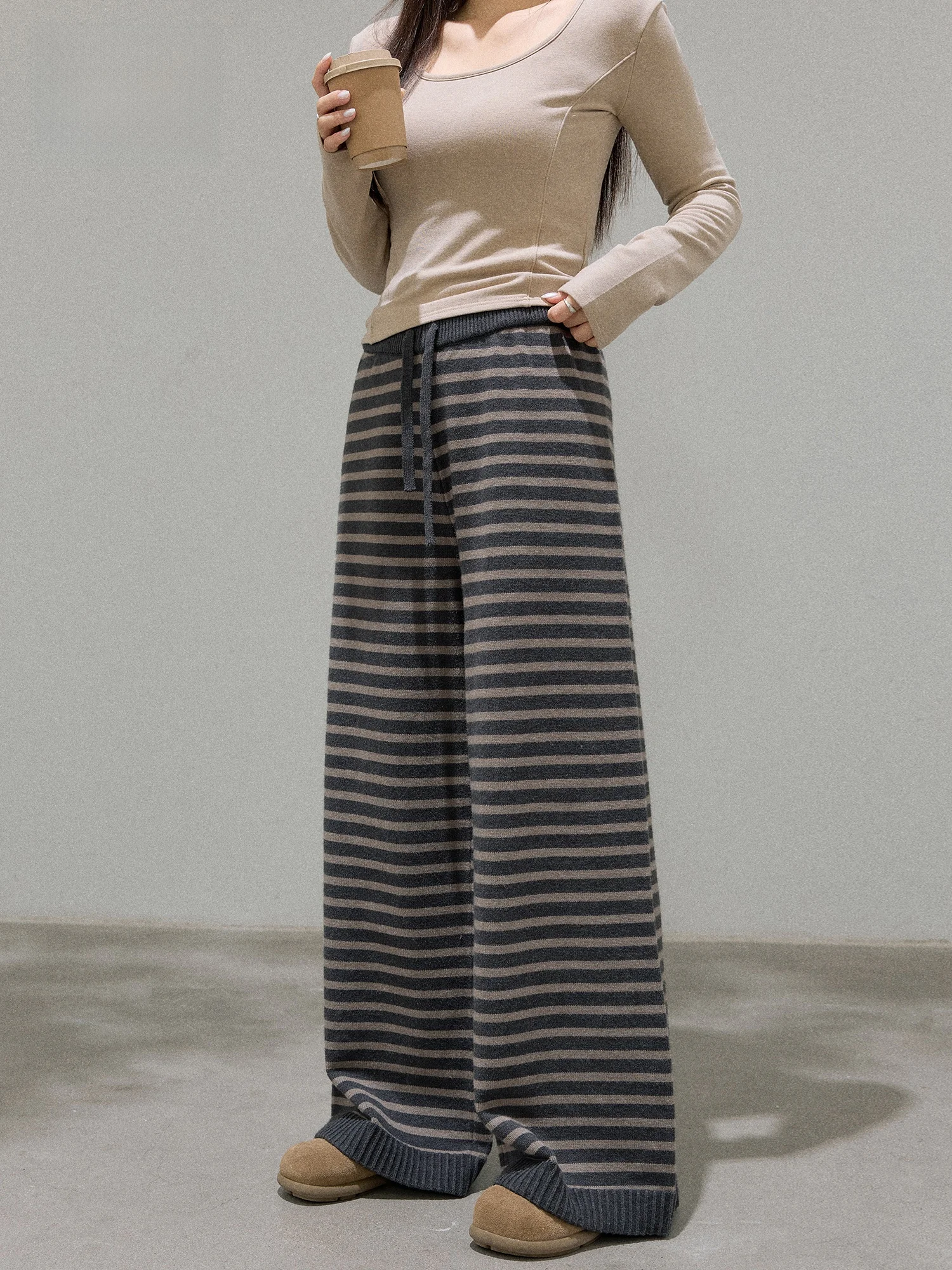 

plus Size Women's High Waist Knitted Stripe Pants Retro Sle Autumn Winter Korean System Faionable plus Size Sister Clothes