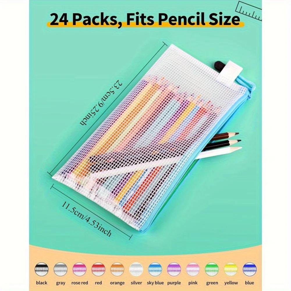 24個の鉛筆ポーチバルク、23.62cm x 11.43cmメッシュジッパーポーチ鉛筆ケース、旅行用12色の小さなジッパーポーチ