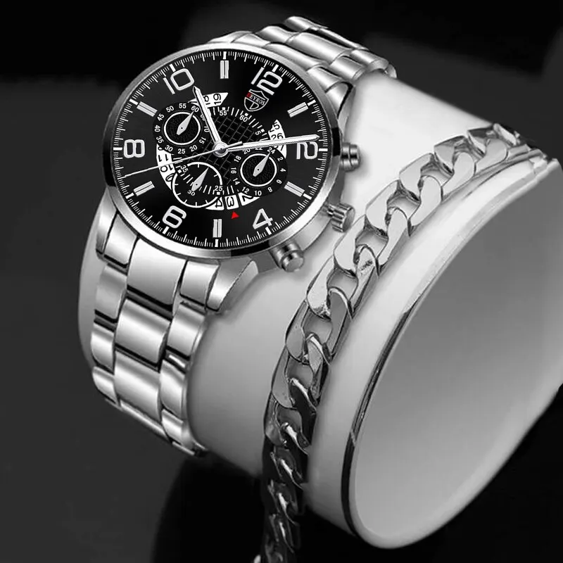 2PCS Fashion Mens Bracelet Watches Set Luxury Men Sports Silver Stainless Steel Quartz Watch Man Business Casual Wrist Watch