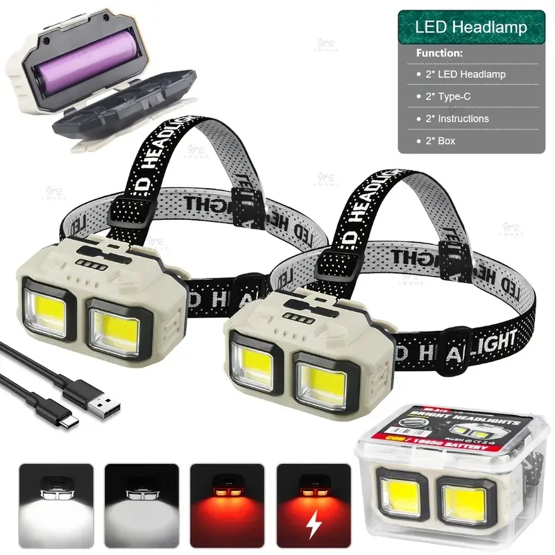 COB LED Headlamp Rechargeable Headlight Waterproof Work Light Safety Lighting Head Flashlight for Outdoor Camping Fishing