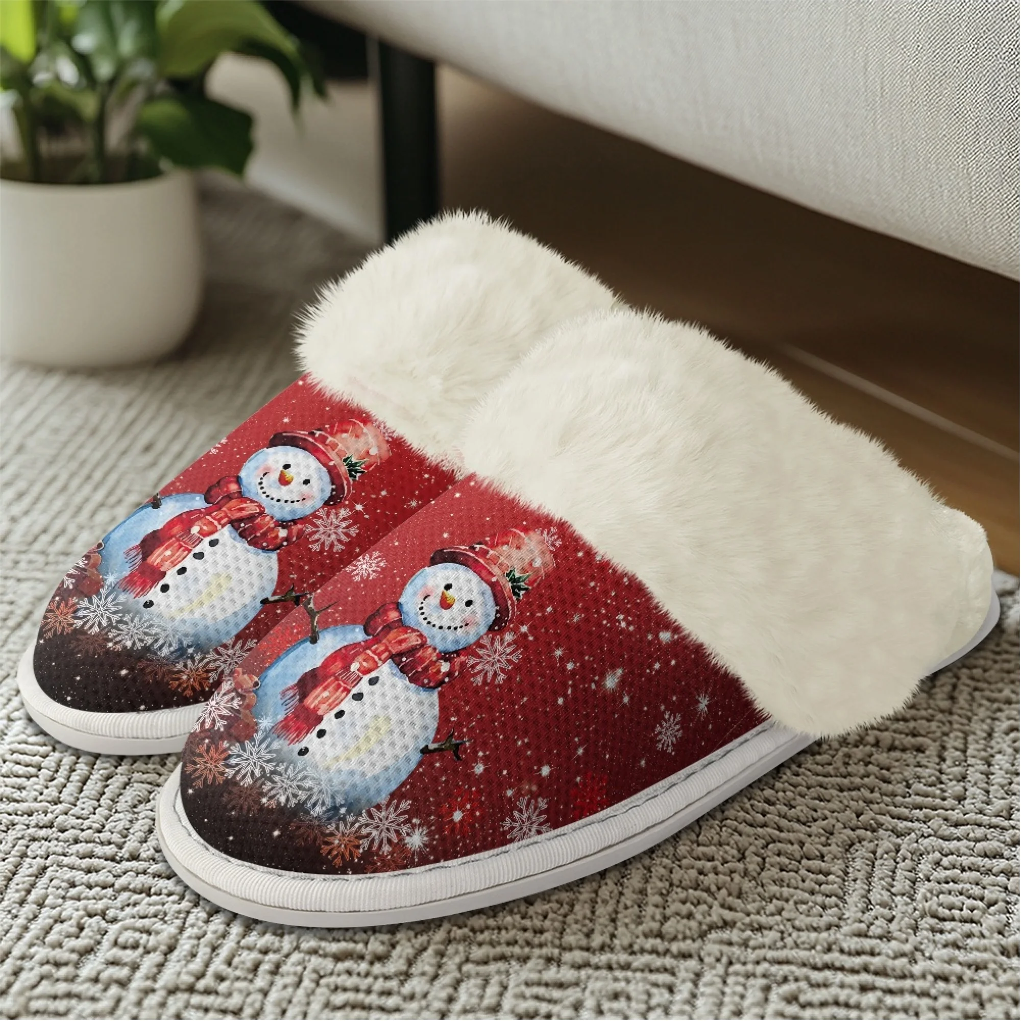 NSTANTARTS Women Flat Cotton Slippers Christmas Smiling Snowman Anti Slip Casual Comfortable Indoor Winter Shoes Keep Warm