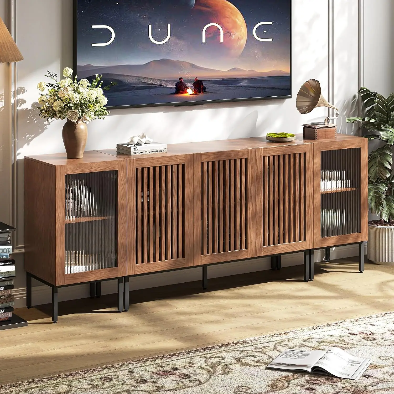 Modern TV Stand for 85 Inch TV Entertainment Center with Storage Cabinets Glass Doors Living Room Brown, Customized