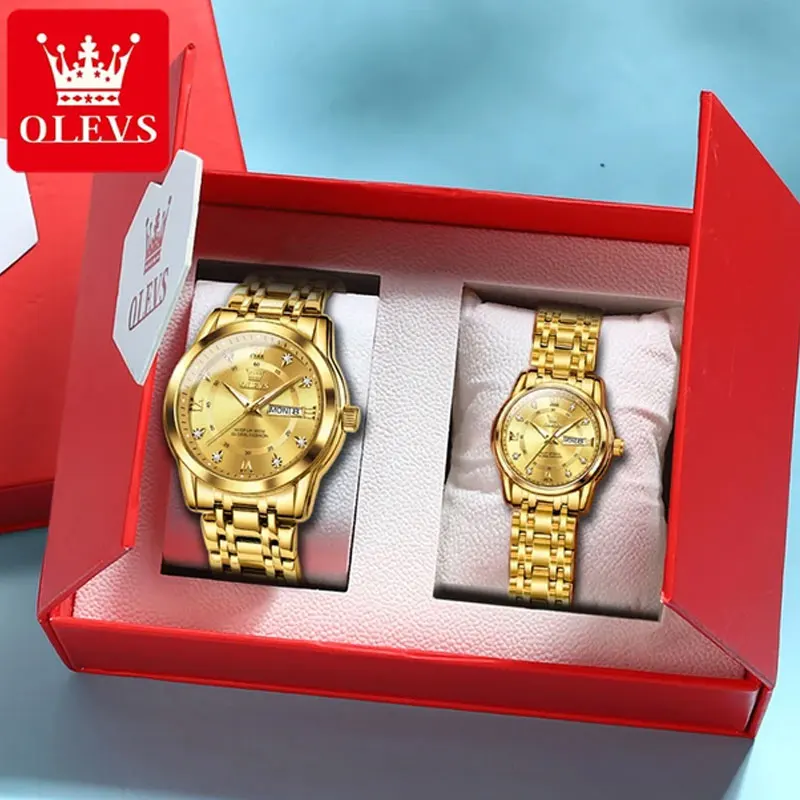 OLEVS Gold Watch for Men Women Sets Stainless Steel Luxury Lover\'s Watch Business Quartz Couple\'s Watches Red Love Gift Box