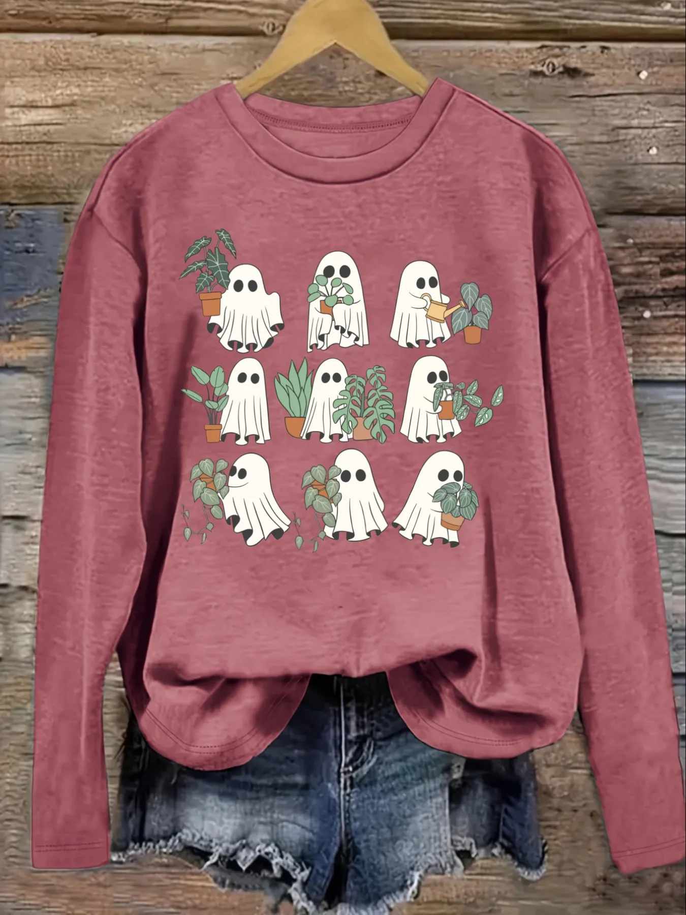 Women's Casual Long Sleeve Crew Neck T-Shirt Cute Ghosts Holding Potted Plants Design, Round Neck Women's Clothing, Machine Washable, Slightly Elastic, Loose Fit, Spring Autumn Winter Women's T-Shirt, Halloween Costume Outfit view 3