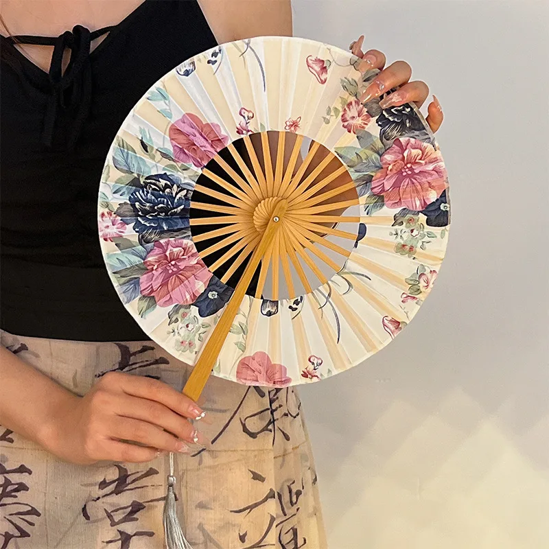 

LH new Chinese ink silk folding fan, portable hand-cranked bamboo fan in summer, national style