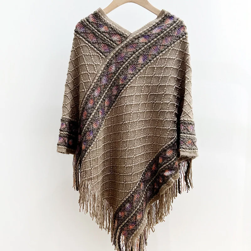 Fashionable Ethnic Style Loose Shawl Women's New Knitted Tassel Scarf Travel Leisure Split Shawl Travel