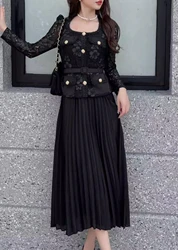 Women Dress Bodycon Pleated Black Lace Flora Elegant Women's Clothing Runway Design Long Sleeve Vintage Evening Vestido