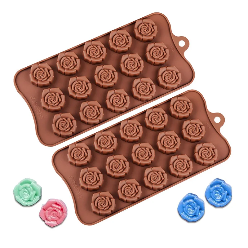 Rose Silicone Molds 15-Cavity Mini Flower Shape Silicone Non-Stick Rose Chocolate Candy Baking Molds for Cookie Ice Cubes Making