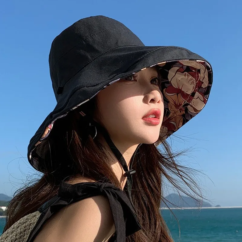1pc Double-Sided Bucket Hat for Women,Summer Sun Protection Full Face with Windproof Rope Flower Print Wide Brim Fisherman Hats