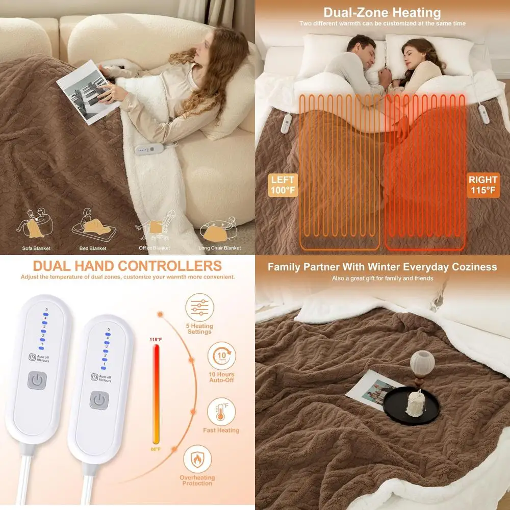 

King Size 100x90 Brown Sherpa Electric Blanket with Dual Controls, 5 Heat Levels, 10-Hour Auto-Off, Washable, ETL Certified