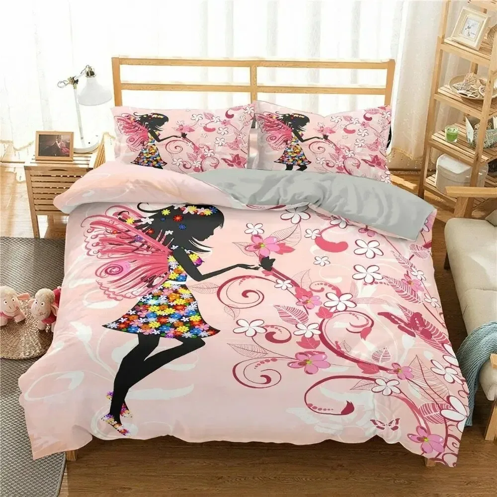 Romantic Style Duvet Cover Fairy Girl with Wings Pattern Bedding Set Women Couple Flying Butterflies Polyester Comforter Cover