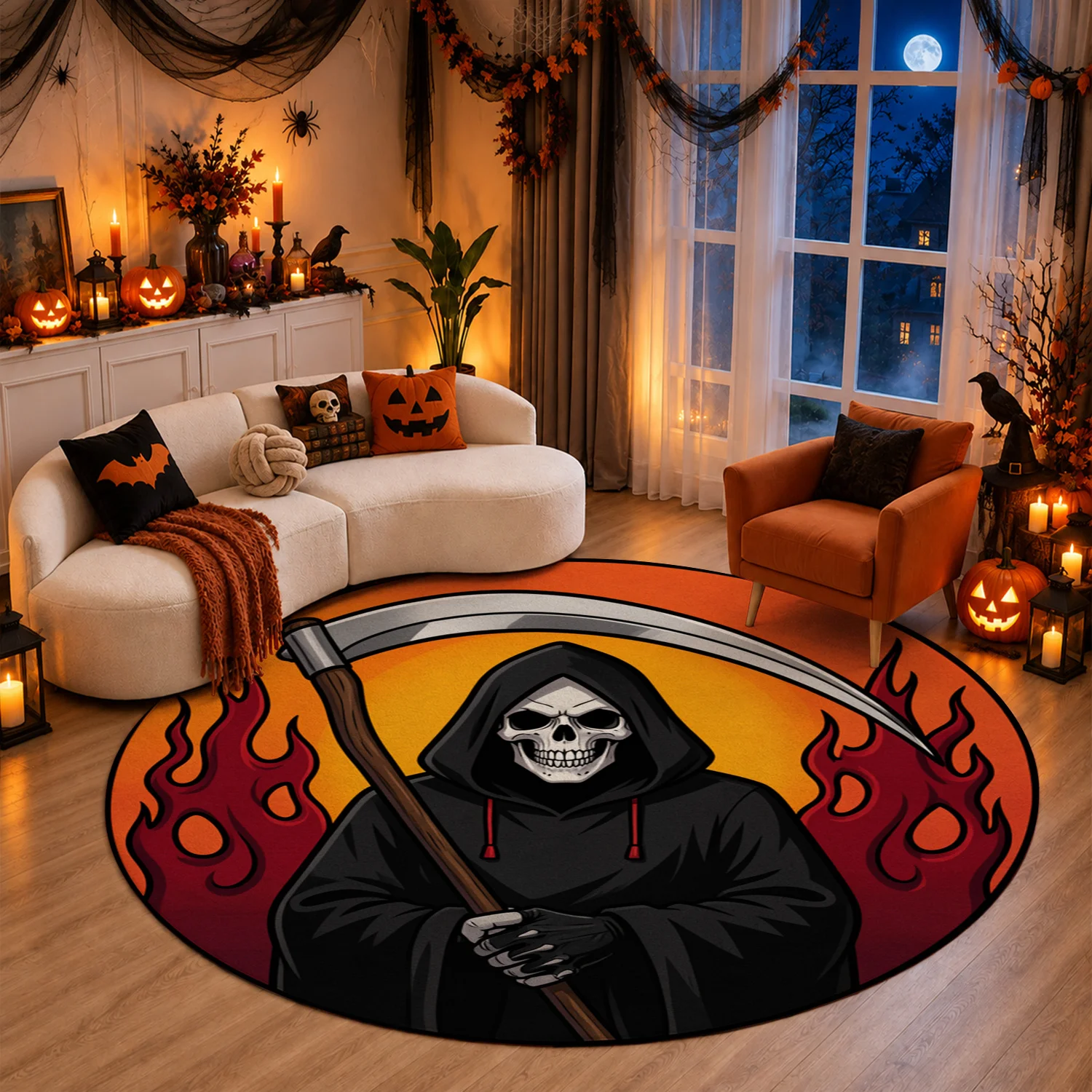 Grim Reaper Flames Pattern Velvet Doormat Machine Washable for Entry Living Room Hallway Halloween Thanksgiving Black Friday Christmas New Year