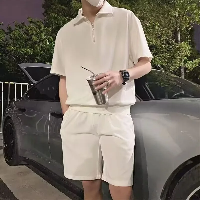 صيف جديد موضة الرجال بلون عادية العصرية فضفاض 2 قطعة مجموعات قصيرة الأكمام قمصان بولو طول الركبة السراويل الذكور الملابس