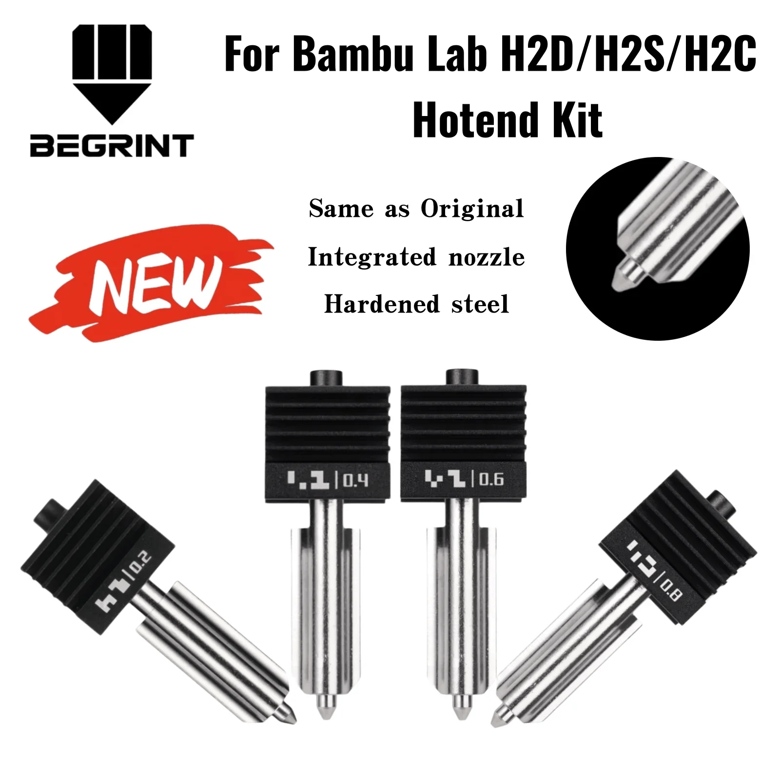 

Для Bambu Lab H2S H2D: Насадка из закаленной стали, интегрированный комплект хотэнда H2S, высокоточные сопла A1, идентичные оригинальным, высокое качество.