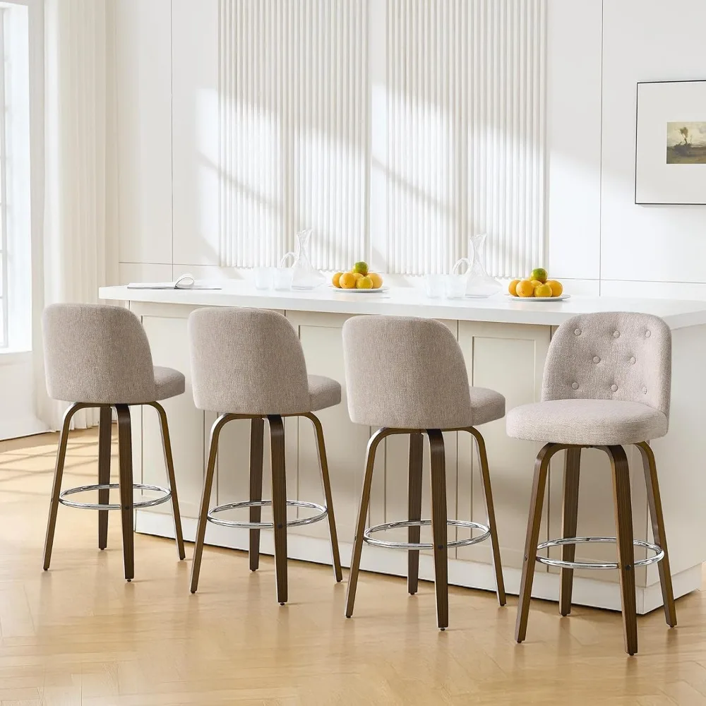 

Bar Stools Set of 4, 26" Counter Height Swivel Bar Stools with Back, Walnut Bent Wood Legs, Linen Fabric Upholstered Counter
