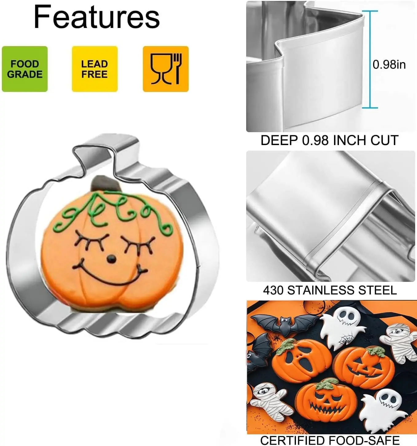 3-teiliges Halloween-Ausstechformen-Set aus lebensmittelechtem Edelstahl, Fledermaus-, Kürbis- und Geisterformen für Süßigkeiten, Obst, Pfannkuchen, Feiertags- und Heimbackwaren – Detail 13