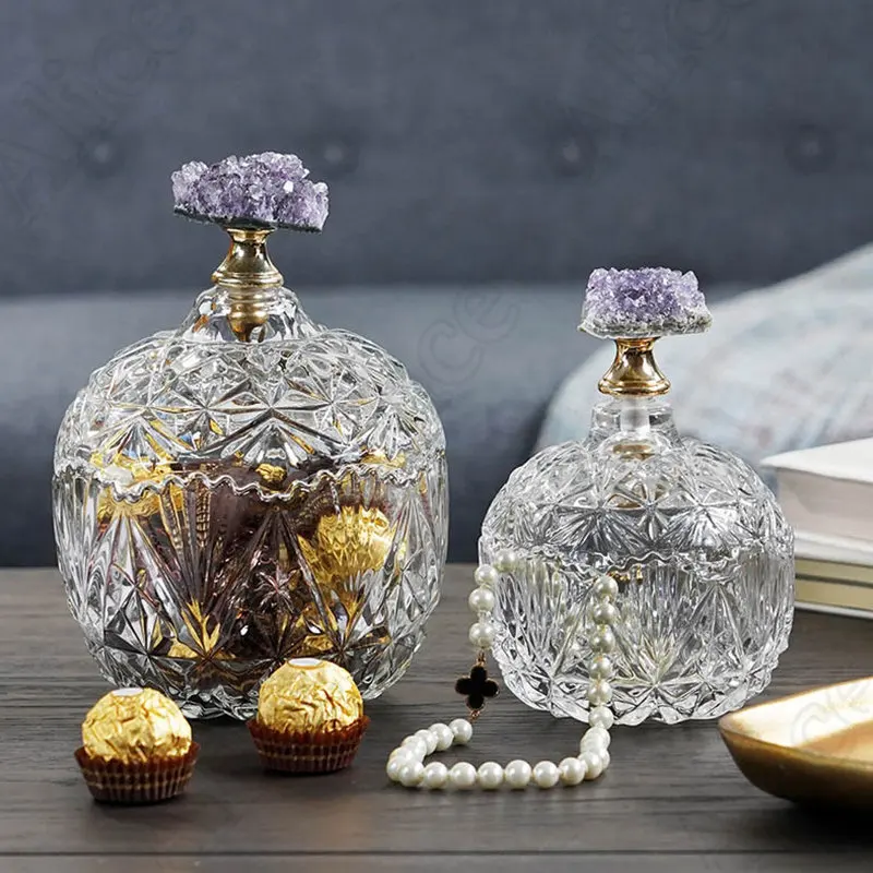 

French Purple Crystal Glass Jars with Lid Coffee Table Candy Dried Fruit Storage Jar Dressing Table Jewelry Case Decor Ornament