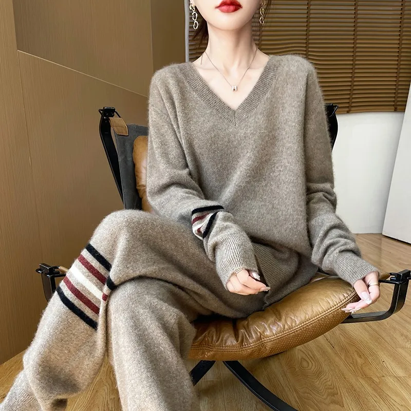 Women\'s Wool Suit V-Neck Long Sleeved Loose Fitting Pullover Sweater Elastic Waist Casual Pants100%MerinoPure Wool Two-Piece Set