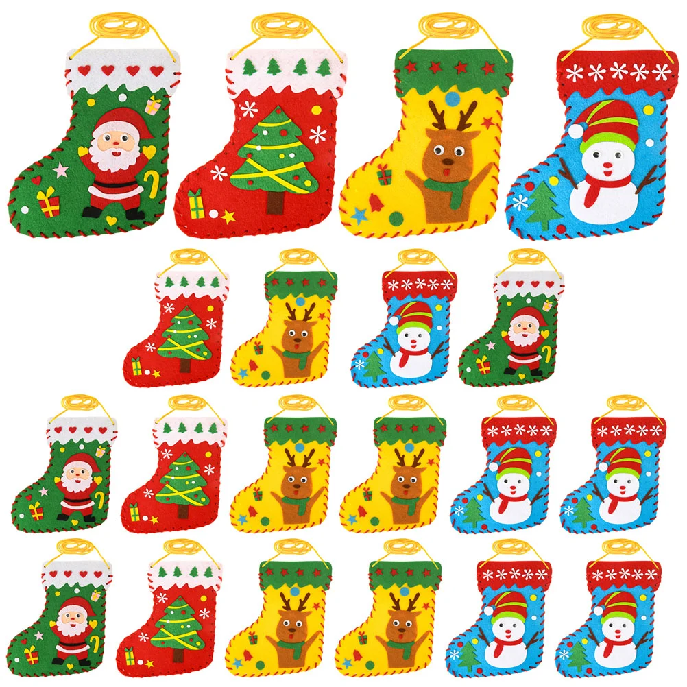 20 PCS Christmas Socks Felt Craft Kit Non Woven Educational Toys Beginner Sewing Set Festive Decorative Party for Kids