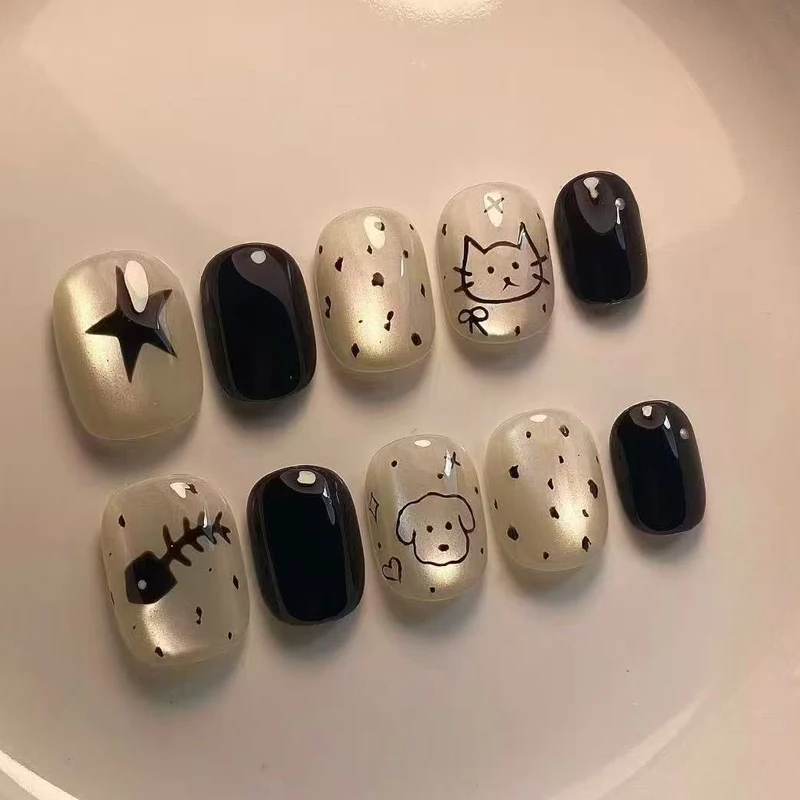 10 Stück kurze, ovale, schwarze, niedliche Katzen-Press-on-Nägel, wiederverwendbare, abnehmbare Nagel-Patches, künstliche Nägel, Nagelkunst-Aufkleber – Detail 5