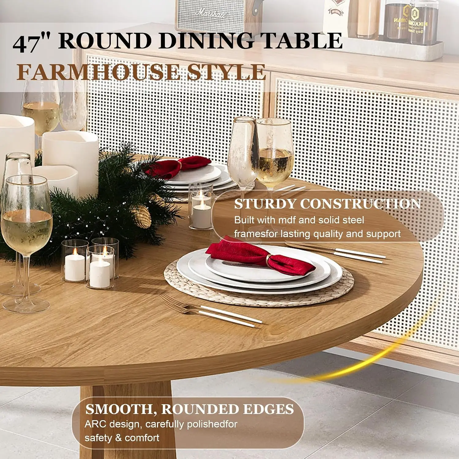 5-Piece Round Dining Table Set – 47-Inch Modern Kitchen Table with 4 Beige Upholstered Chairs 3