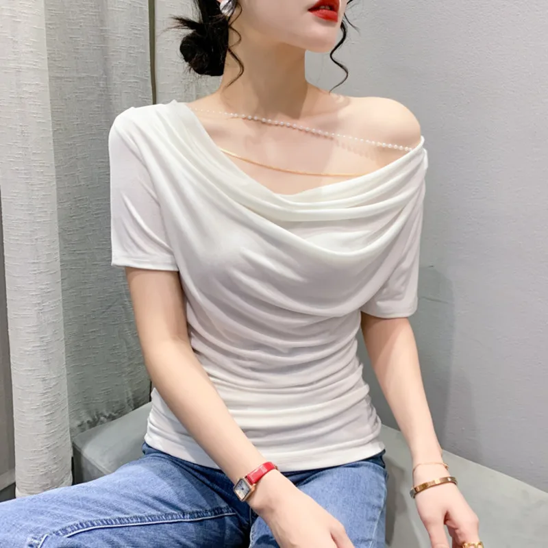 #5428 Summer Short Sleeve T Shirt Women Folds Chain Tee Shirts Femme Solid Color Short Tshirt Sexy Basic Top Female Thin Elastic