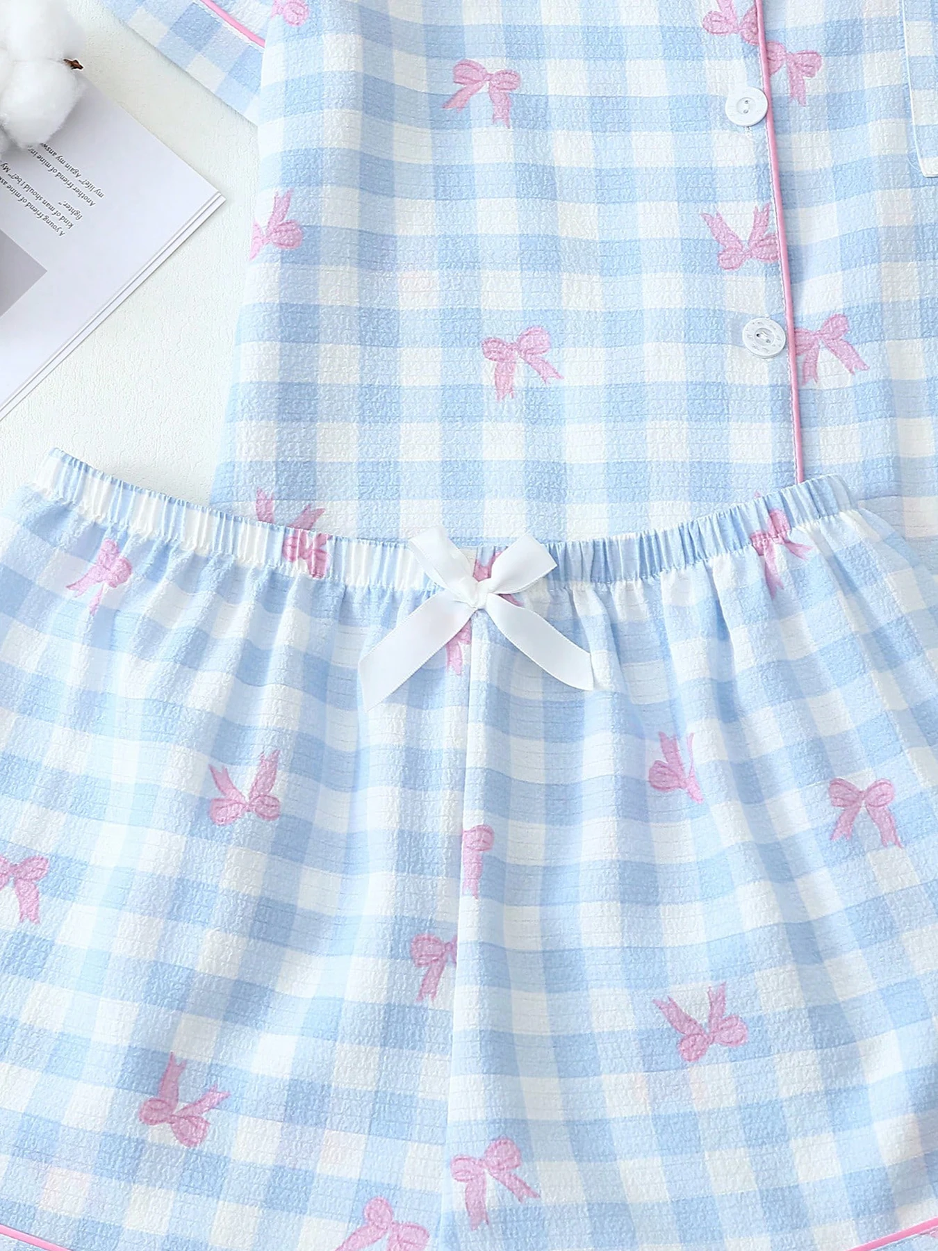 Женский комплект из двух предметов: блузка и шорты в клетку, милый топ на пуговицах, домашняя одежда с короткими рукавами, одежда для сна на все сезоны