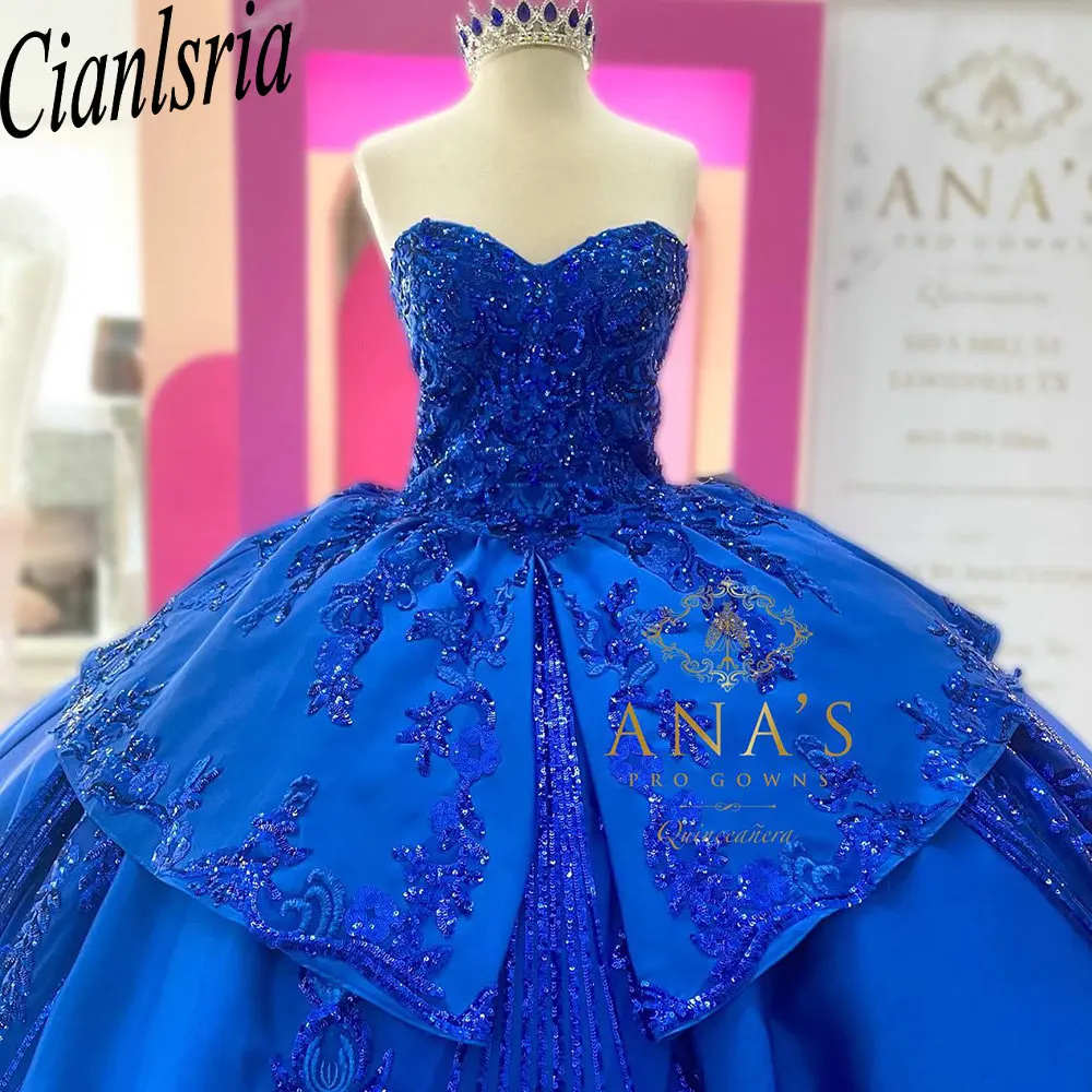 Vestido De baile De encaje con apliques De lentejuelas para quinceañera, corsé con volantes y escote Corazón, color azul real, 15 Años