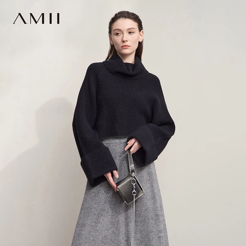 

AMII женский свитер, новинка зимы 2029, водолазка с длинными рукавами, короткий свитер, женские свободные универсальные вязаные топы, женские 12544012