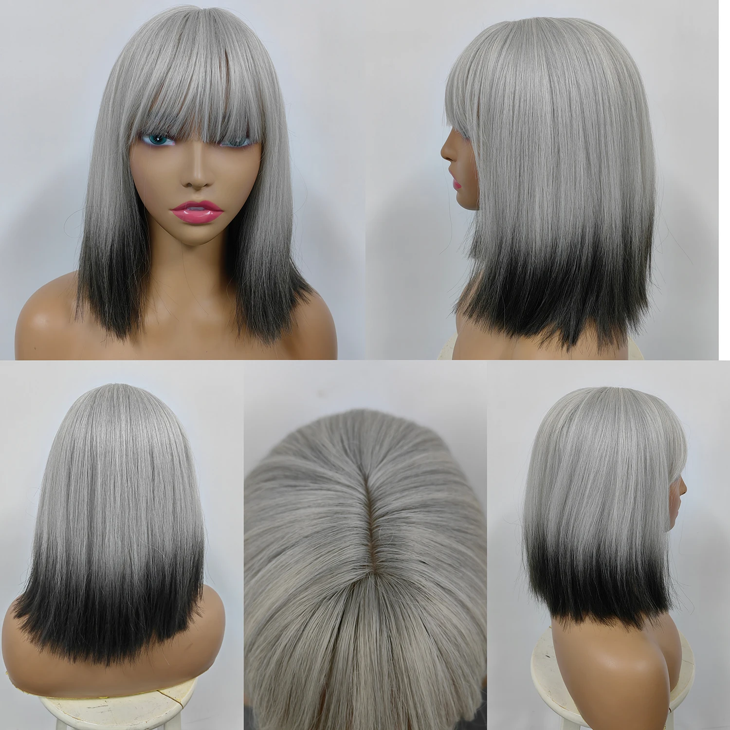 LOUIS FERRE Medium Length Straight Synthetic Wigs for Women White to Dark Brown Bob Wigs with Bangs Daily Cosplay Heat Resistant