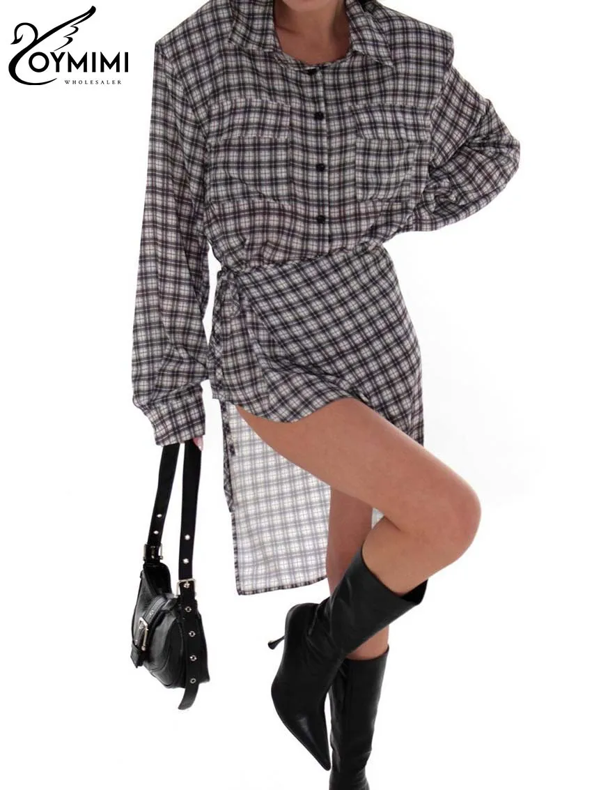 Oymimi Elegant Dark Grey Plaid Print 2 Piece Sets Women Outfit Fashion Long Sleeve Pockets Shirts + Lace-Up Side Slit Skirts Set